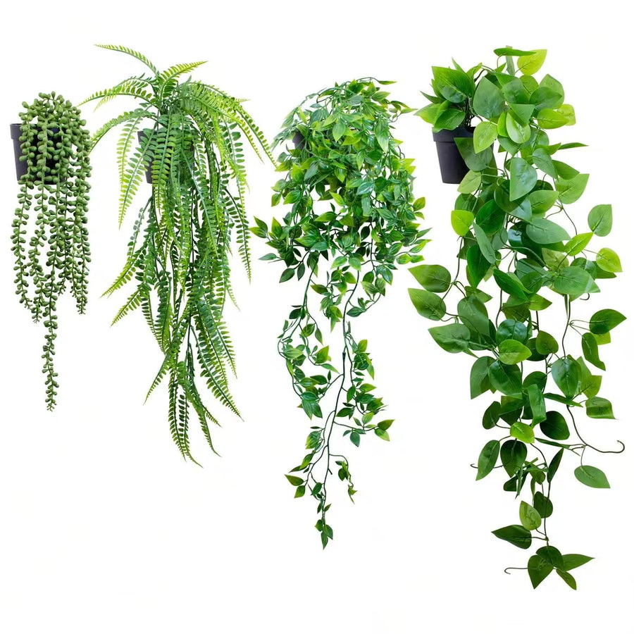 4pcs Artificial Hanging Plants, Potted Green Faux Grass & Ferns Plant, Fake Succulent Plant Hangers, Mandala Vine, Ivy For Wall Shelf, Home, Yard, Garden, Indoors And Outdoors Decoration, Valentine Day, Gift Gifts Birthday Graduation